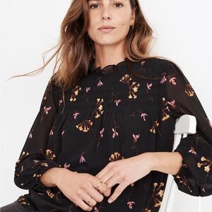 Georgette Ruffle-Collar Smocked Top in Falling Freesias